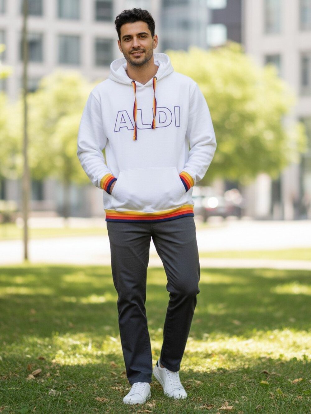 Aldi Gear Medium White Hooded Kangaroo Pocket Pullover Sweatshirt Hoodie Size M